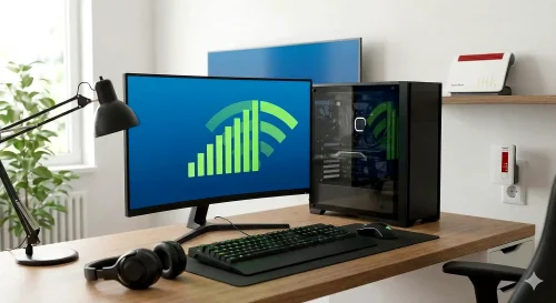 Illustration der WLAN Verbindung zwischen einem PC einem Repeater und einem Router mit Signalbalken.