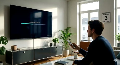 Ein Peaq Smart-TV führt im Jahr 2026 einen Sendersuchlauf für Kabel- und Satelliten-TV durch.