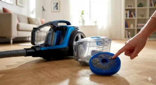 Ein Philips beutelloser Staubsauger mit ausgebautem Staubbehälter und verschmutztem blauem Schaumstofffilter auf einem hellen Boden.