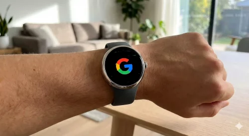 Eine Google Pixel Watch an einem Handgelenk mit einem eingefrorenen Startbildschirm auf dem das Logo zu sehen ist.