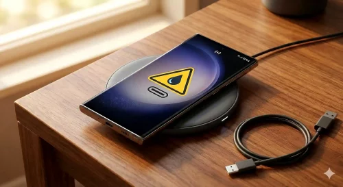 Ein Samsung Galaxy Smartphone liegt auf einer induktiven Ladestation, daneben liegt ein nicht funktionierendes USB-C Kabel.
