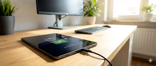 Samsung Tablet Display zeigt einen Ladestand von 50 Prozent und ein Ladekabel ist angeschlossen.