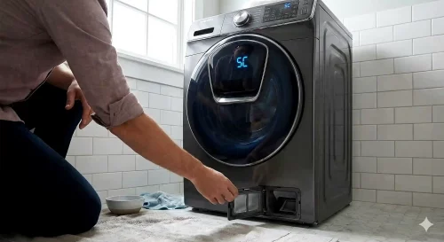 Eine Samsung Waschmaschine im Badezimmer zeigt den Fehlercode 5C auf dem Display. Eine Person öffnet die Wartungsklappe am Flusensieb.