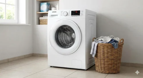 Das digitale Display einer Samsung Waschmaschine zeigt eine Fehlermeldung in einem hellen Badezimmer.