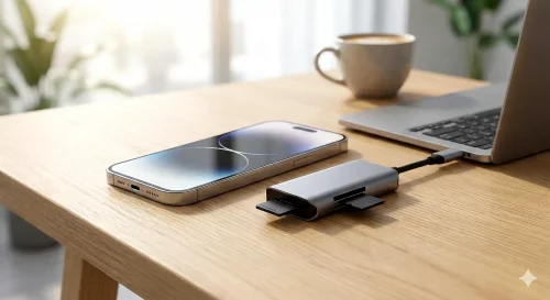 Ein USB-C Kartenleser mit eingesteckter SanDisk Micro-SD Karte liegt neben einem modernen Smartphone.