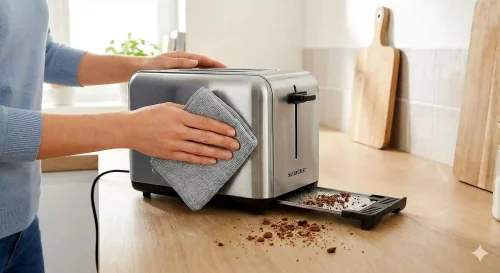 Nahaufnahme eines Silvercrest Toasters mit herausgezogener Krümelschublade auf einer Küchenarbeitsplatte.