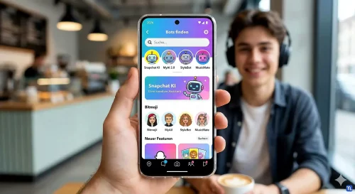 Ein Smartphone zeigt die Suchfunktion von Snapchat mit verschiedenen verifizierten KI-Bots zum Hinzufügen.