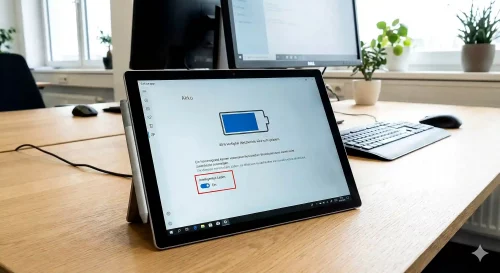 Ein Surface Pro Tablet auf einem Schreibtisch zeigt die Akkueinstellungen in der Surface App.