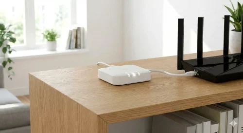 Eine Tado Internet Bridge, die per Ethernet-Kabel an einen Router angeschlossen ist und blinkende Status-LEDs zeigt.