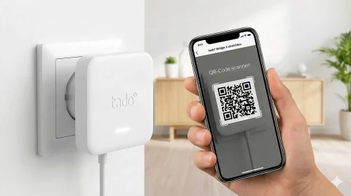 Die tado° Bridge X steckt in einer Wandsteckdose, während die Status-LED blau pulsiert und für das Pairing bereit ist.