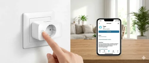 Smarte Steckdose Tapo P110 steckt in einer Wandsteckdose, die Status-LED an der Seite blinkt orange und grün für das Setup.