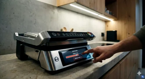 Ein Tefal OptiGrill wird über das digitale Display neu kalibriert, um die Messgenauigkeit der Sensoren wiederherzustellen.