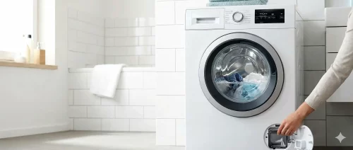 Waschmaschine mit Wasser in der Trommel steht still, das Display zeigt keine Fehlermeldung an.