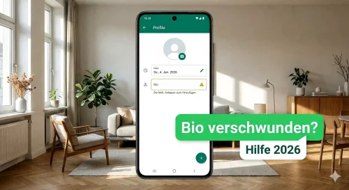 Ein Smartphone zeigt ein WhatsApp-Profil mit einer verschwundenen Bio während einer Fehlerdiagnose im Jahr 2026.