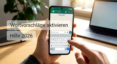 Ein Smartphone zeigt ein WhatsApp-Chatfenster ohne Wortvorschläge über der Tastatur während einer Fehlerdiagnose im Jahr 2026.