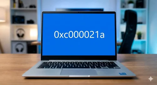 Ein Laptop-Bildschirm zeigt den blauen Windows 11 Fehlerbildschirm mit dem Code 0xc000021a.