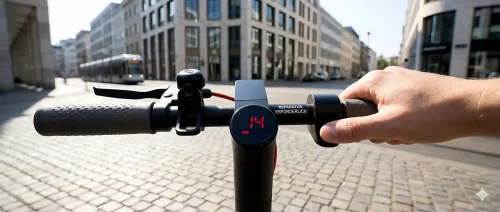 Xiaomi E-Scooter Display zeigt den roten Fehlercode 14 an der Lenkstange an.