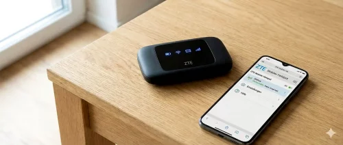 ZTE MF920c mobiler WLAN-Router liegt auf einem Tisch, Status-LEDs leuchten blau.